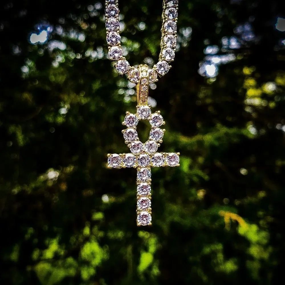 14k Gp Simulated Diamond Ankh Tennis Chain Set - Picture 1 of 3